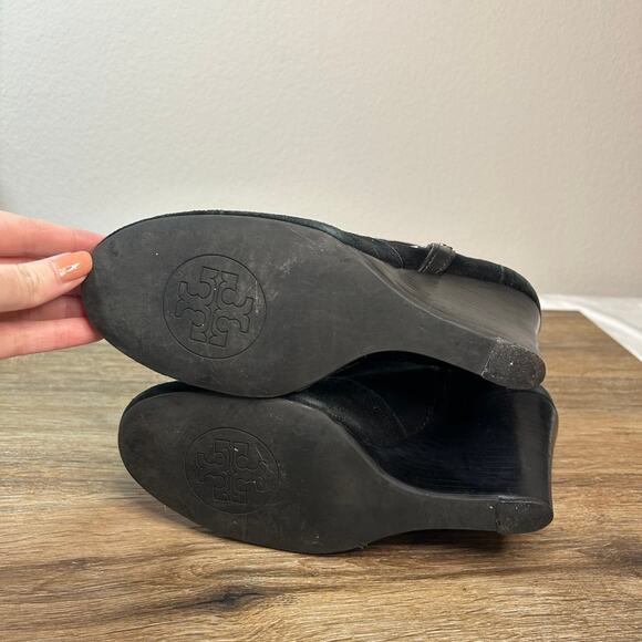 Tory Burch Aaden Women's Ankle Boots Black Suede Harness Logo Emblem Wedge - Picture 10 of 10